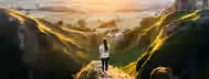Ascend to New Horizons: A Leader’s Path to Growth A lone figure stands on a sunlit peak, overlooking a vast and promising valley, symbolizing a leader's journey toward self-discovery.